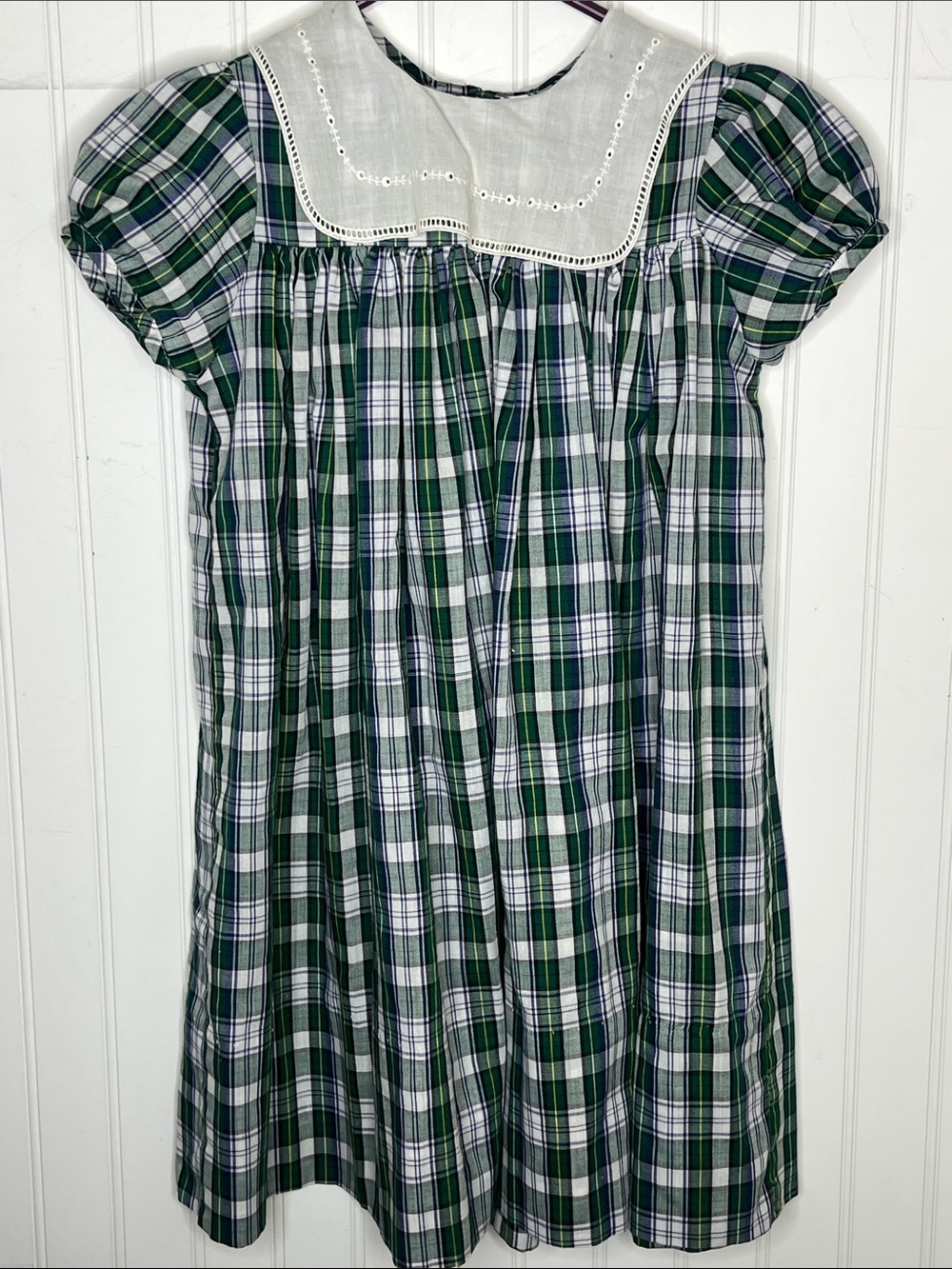 Girls' Green Plaid Dress with Embroidered White Yoke 6T